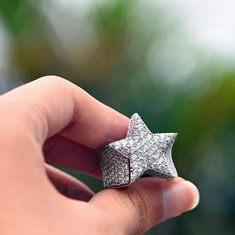 New Hip Hop Rock Five Star Ring AAA+ Men  Luxury Gold SilverPentagram Rings Women Wedding