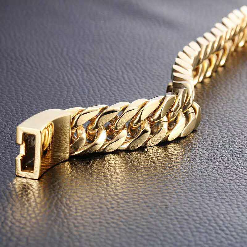 Fashion 24k Gold 10mm  Double Buckle Chain Bracelet Bangle  Gold Plated Men&#39;s Jewelry   Bracelet