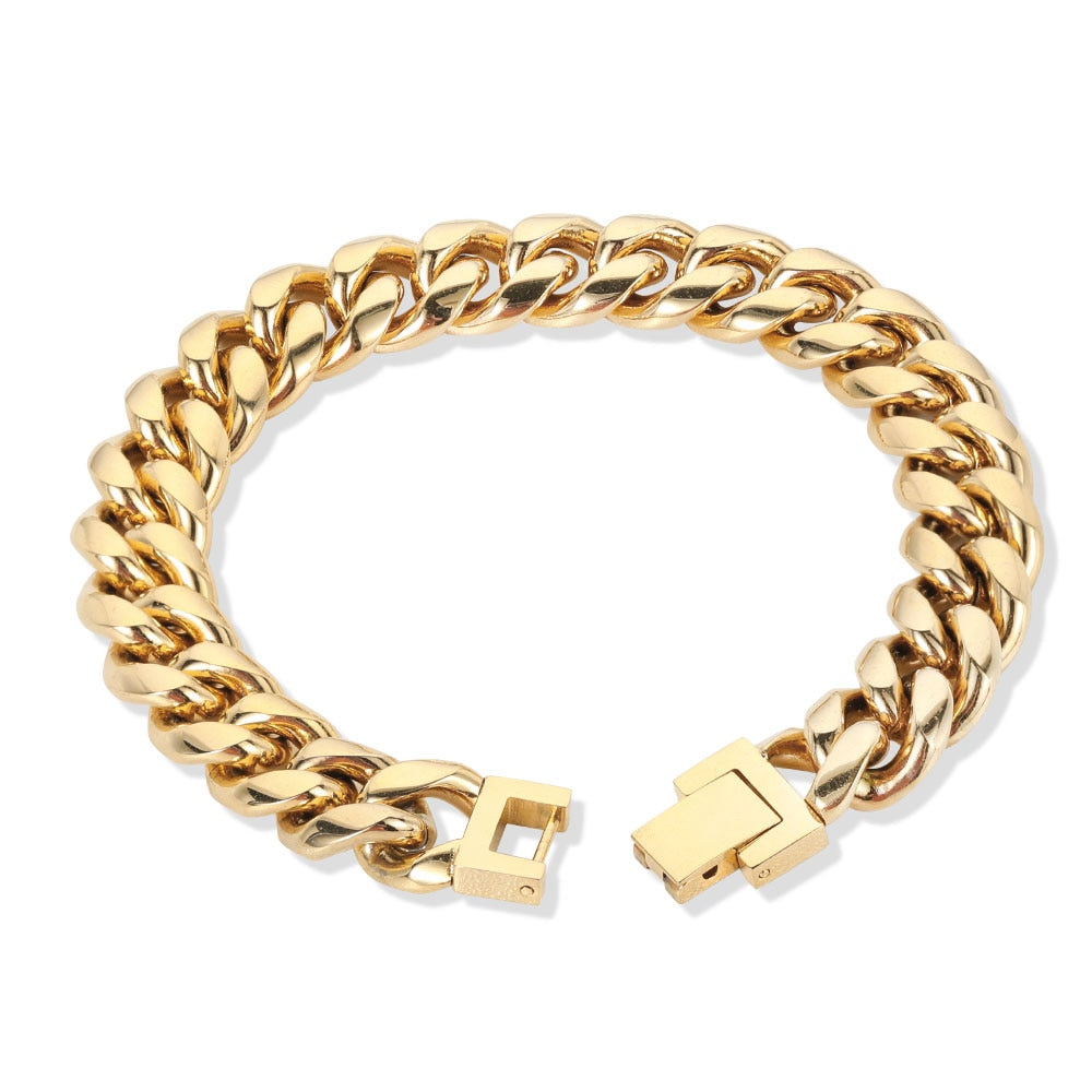 Jewelry Miami 18K Gold Plated Stainless Steel Cuban Bracelet AAA+ Link for Men