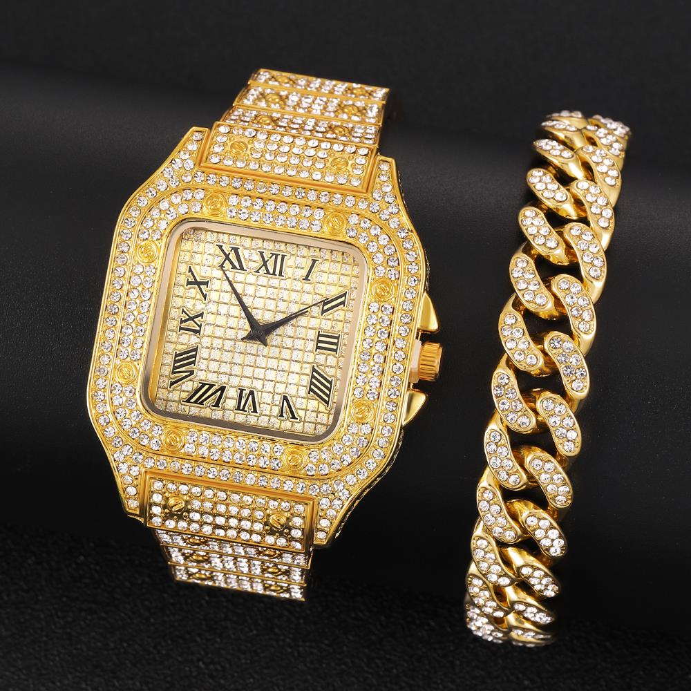 Full Iced Out Watch Mens Cuban Link Chain Bracelet watch Bling Jewelry for Men Big Gold Chains Hip Hop Men Watch Set AAA+