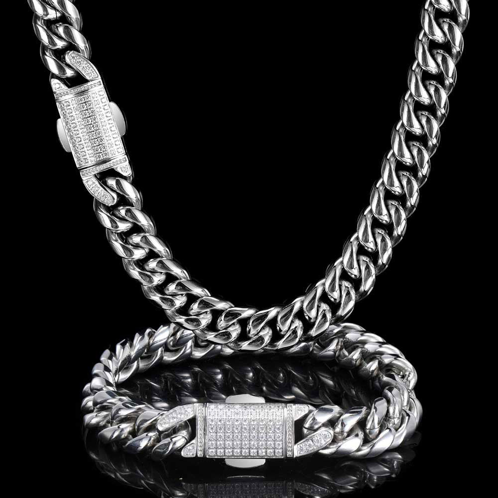 12mm Stainless Steel Jewelry Homme Cadena  Luxury Miami Cuban Link Chain AAA+ Men R