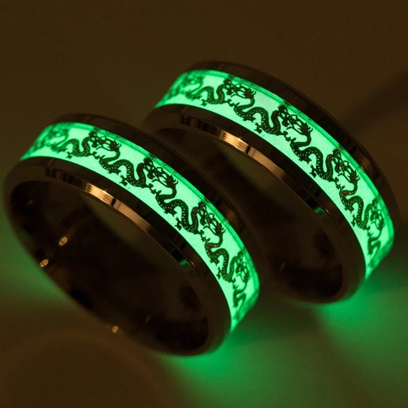 Luminous Dragon Ring  AAA+ Love Heart Retro Stainless Steel Fluorescent Rings for Men