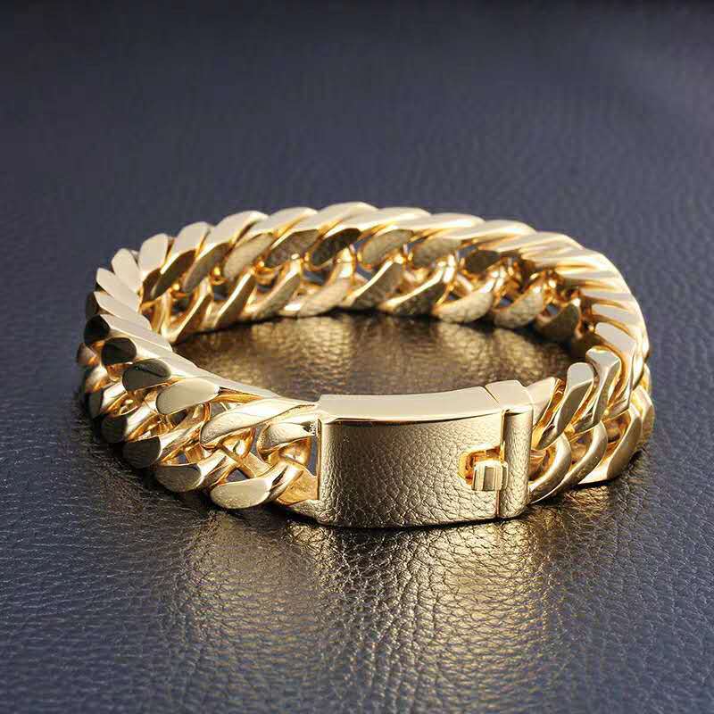 Fashion 24k Gold 10mm  Double Buckle Chain Bracelet Bangle  Gold Plated Men&#39;s Jewelry   Bracelet