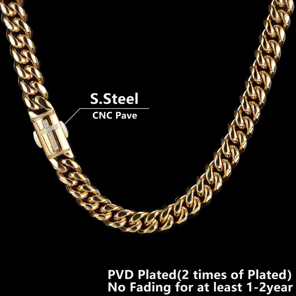 12mm Stainless Steel Jewelry Homme Cadena  Luxury Miami Cuban Link Chain AAA+ Men R