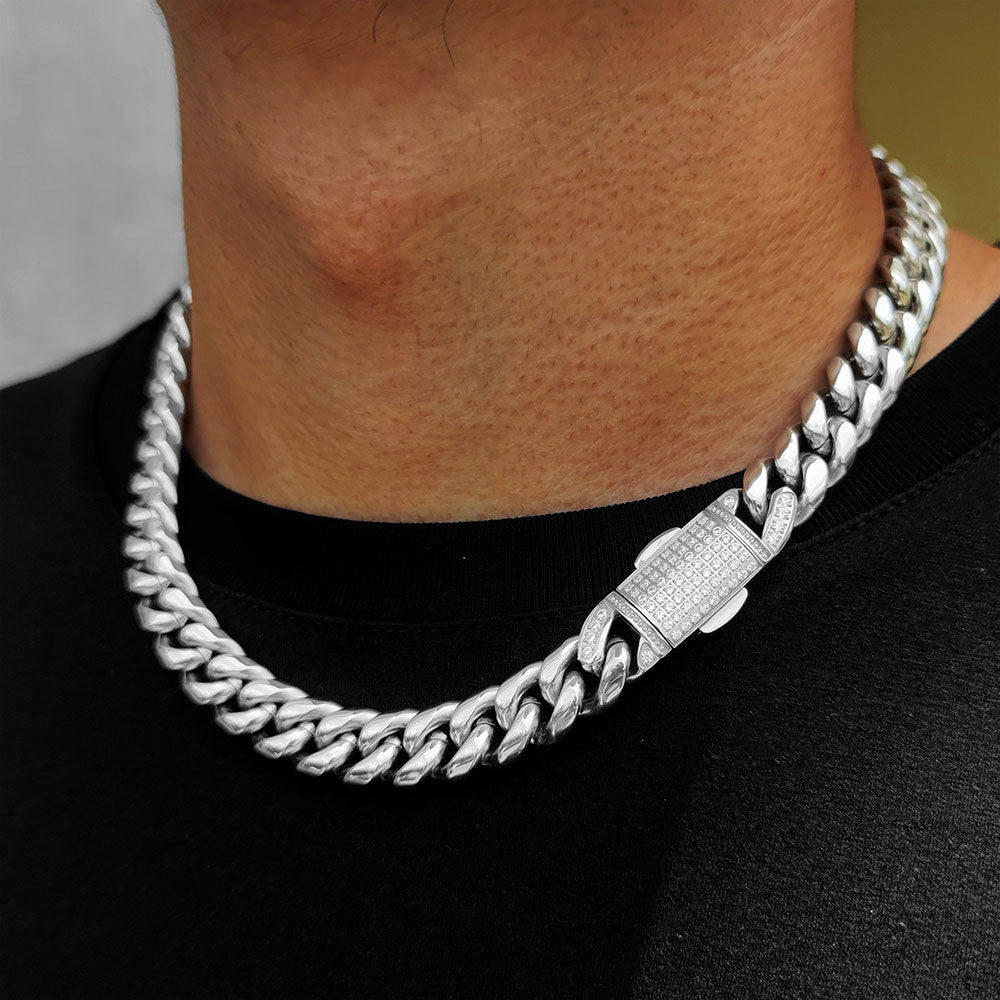 12mm Stainless Steel Jewelry Homme Cadena  Luxury Miami Cuban Link Chain AAA+ Men R