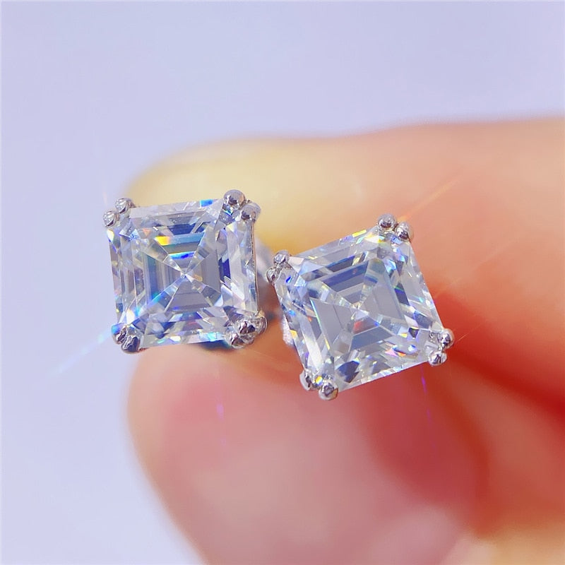 Earring Diamond 925 Sterling Silver Light Green White Lab Diamond Studs Screw Back GRA6*6mm Asscher Square