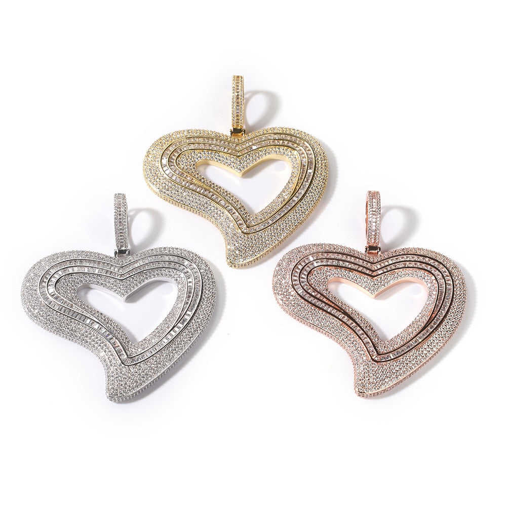 Hollow Out Heart Pendant AAA+ Baguette Necklace Charms Iced Out Prong Setting Hip Hop Jewelry