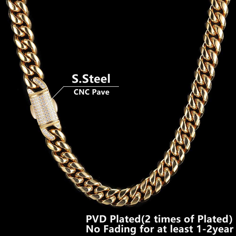 12mm Stainless Steel Jewelry Homme Cadena  Luxury Miami Cuban Link Chain AAA+ Men R