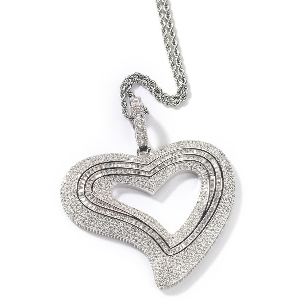 Hollow Out Heart Pendant AAA+ Baguette Necklace Charms Iced Out Prong Setting Hip Hop Jewelry