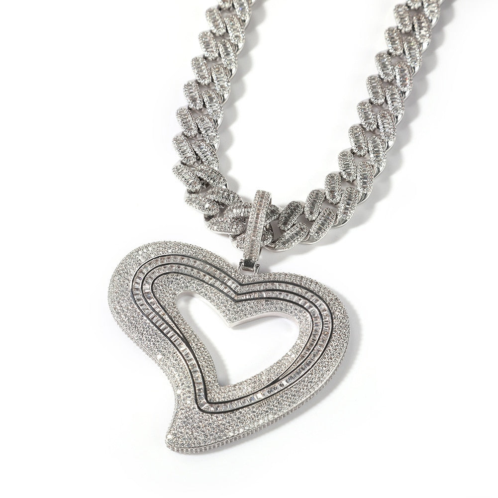 Hollow Out Heart Pendant AAA+ Baguette Necklace Charms Iced Out Prong Setting Hip Hop Jewelry