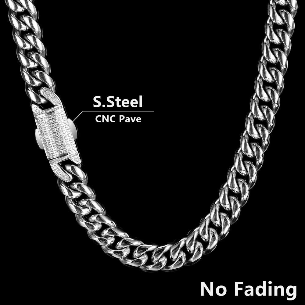 12mm Stainless Steel Jewelry Homme Cadena  Luxury Miami Cuban Link Chain AAA+ Men R