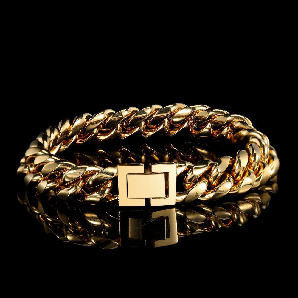 Jewelry Miami 18K Gold Plated Stainless Steel Cuban Bracelet AAA+ Link for Men