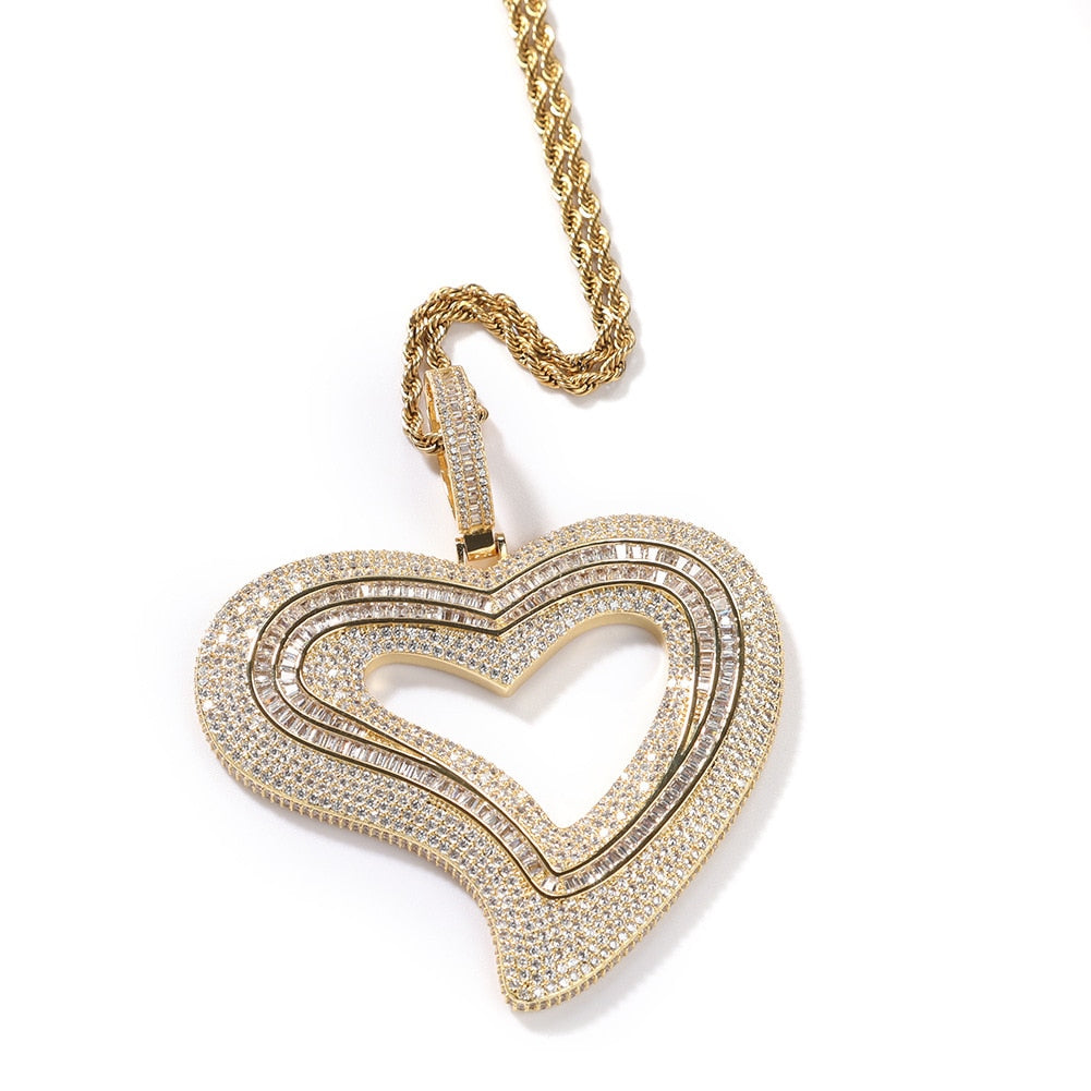 Hollow Out Heart Pendant AAA+ Baguette Necklace Charms Iced Out Prong Setting Hip Hop Jewelry