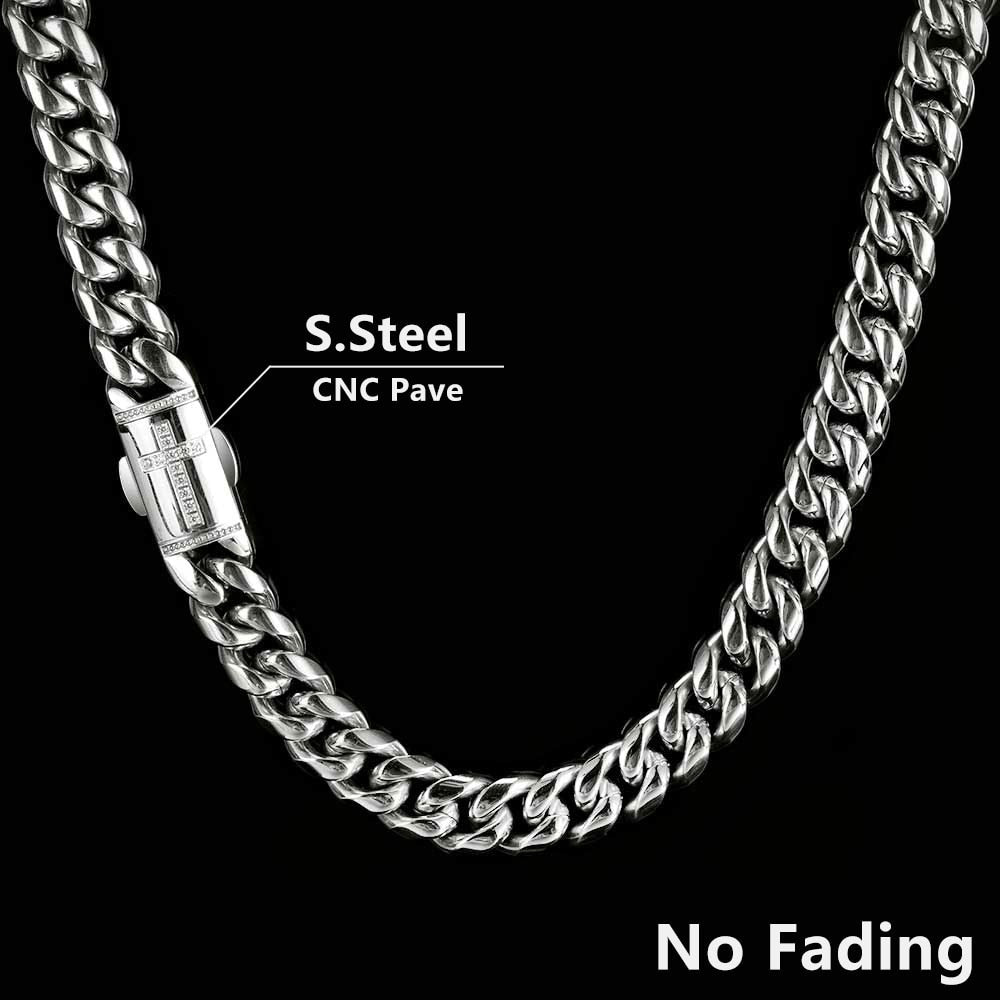 12mm Stainless Steel Jewelry Homme Cadena  Luxury Miami Cuban Link Chain AAA+ Men R