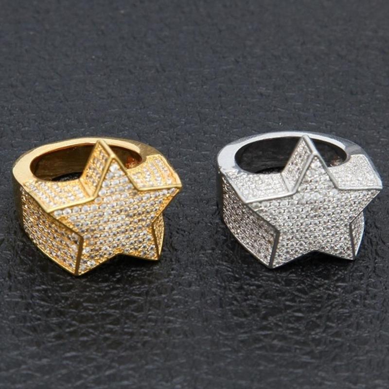 New Hip Hop Rock Five Star Ring AAA+ Men  Luxury Gold SilverPentagram Rings Women Wedding