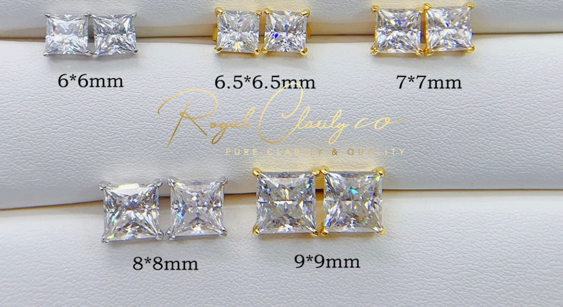 GRA Earring  studs 925 silver hip hop screw back princess cut stud Earring Diamond 9mm