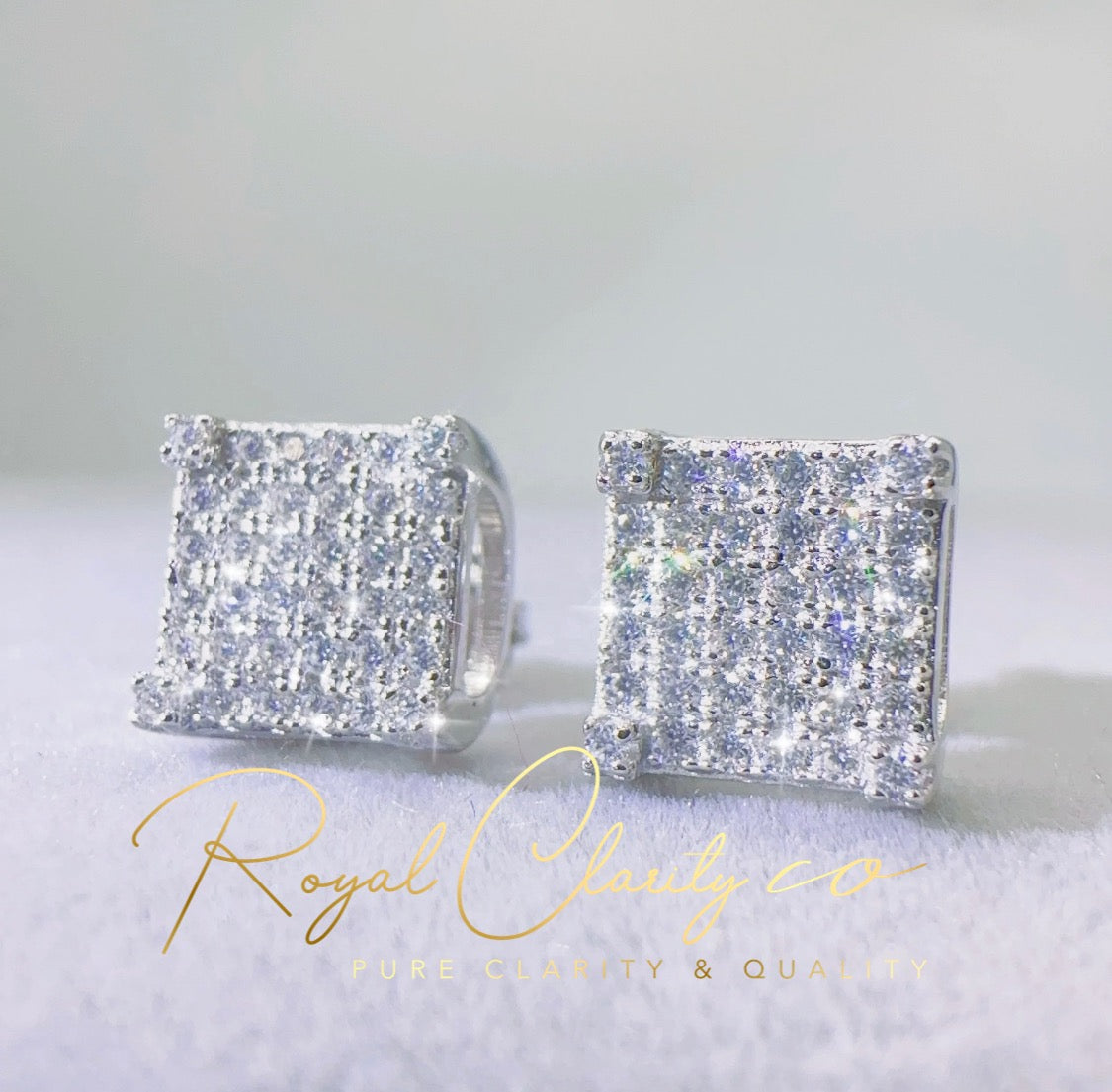 8mm width Square Earrings Iced Out prong set VVS Earring  Diamond  stud